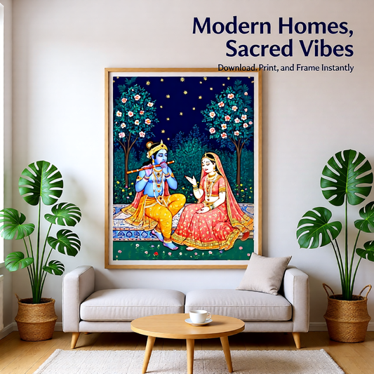 Radha Krishna Art Print — Instant Download — Mughal Miniature Style Hindu Wall Art 8x10 A4 A3 — Love Gift Anniversary Pooja Room Decor
