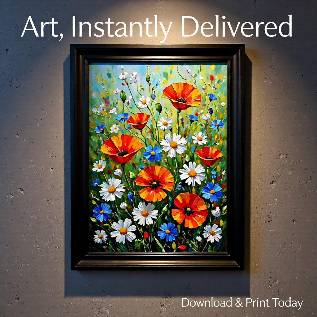 Wildflower Meadow Art Print — Impasto Oil Painting Style — Instant Download — Poppies Daisies Botanical Wall Art 8x10 A4 A3 — Living Room Bedroom Home Decor Gift