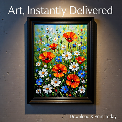 Wildflower Meadow Art Print — Impasto Oil Painting Style — Instant Download — Poppies Daisies Botanical Wall Art 8x10 A4 A3 — Living Room Bedroom Home Decor Gift