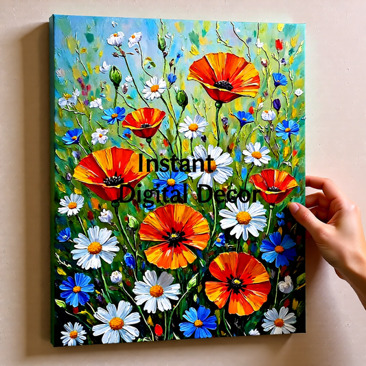 Wildflower Meadow Art Print — Impasto Oil Painting Style — Instant Download — Poppies Daisies Botanical Wall Art 8x10 A4 A3 — Living Room Bedroom Home Decor Gift