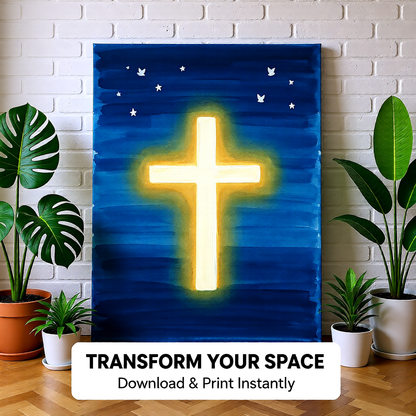 Christian Cross Art Print — Instant Download — Blue Gold Faith Wall Art 8x10 A4 A3 — Christmas Gift — Church Home Decor