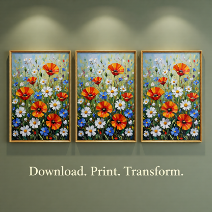 Wildflower Meadow Art Print — Impasto Oil Painting Style — Instant Download — Poppies Daisies Botanical Wall Art 8x10 A4 A3 — Living Room Bedroom Home Decor Gift