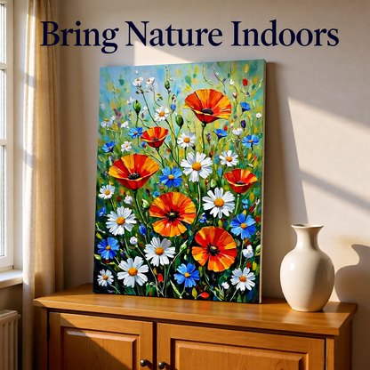 Wildflower Meadow Art Print — Impasto Oil Painting Style — Instant Download — Poppies Daisies Botanical Wall Art 8x10 A4 A3 — Living Room Bedroom Home Decor Gift