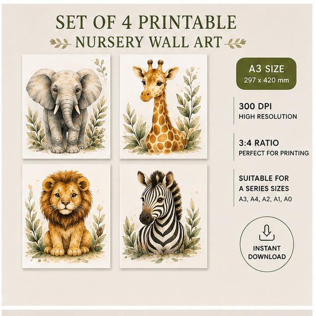 Safari Animals Watercolour Set of 4 A3 300 DPI printable wall art specifications