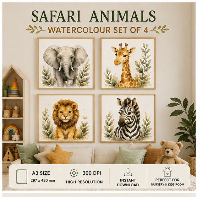 Safari Animals Watercolour Set of 4 nursery wall art in a cozy kids room