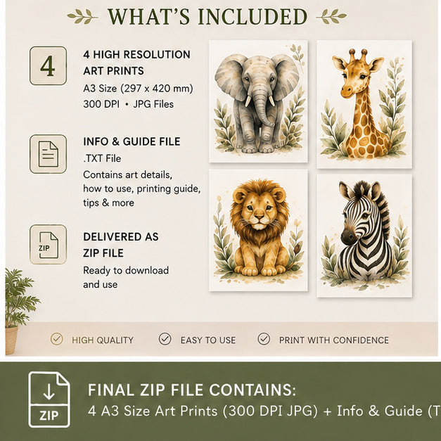 Safari Animals Watercolour Set of 4 included A3 JPG artwork files and printable guide
