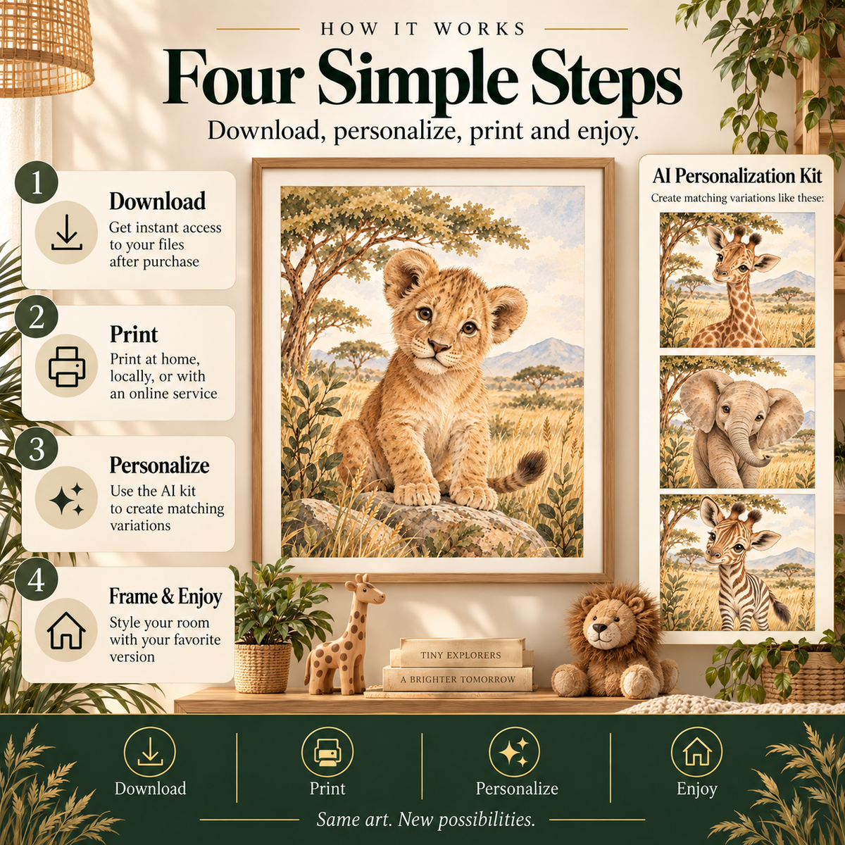 How to use safari nursery wall art: download, choose a 4 to 5 print size, print, frame and create matching AI variations