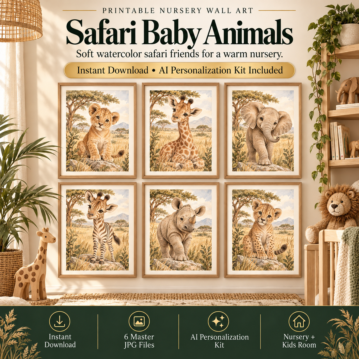 Safari nursery wall art set of 6 with baby lion, giraffe, elephant, zebra, rhino and cheetah watercolor prints