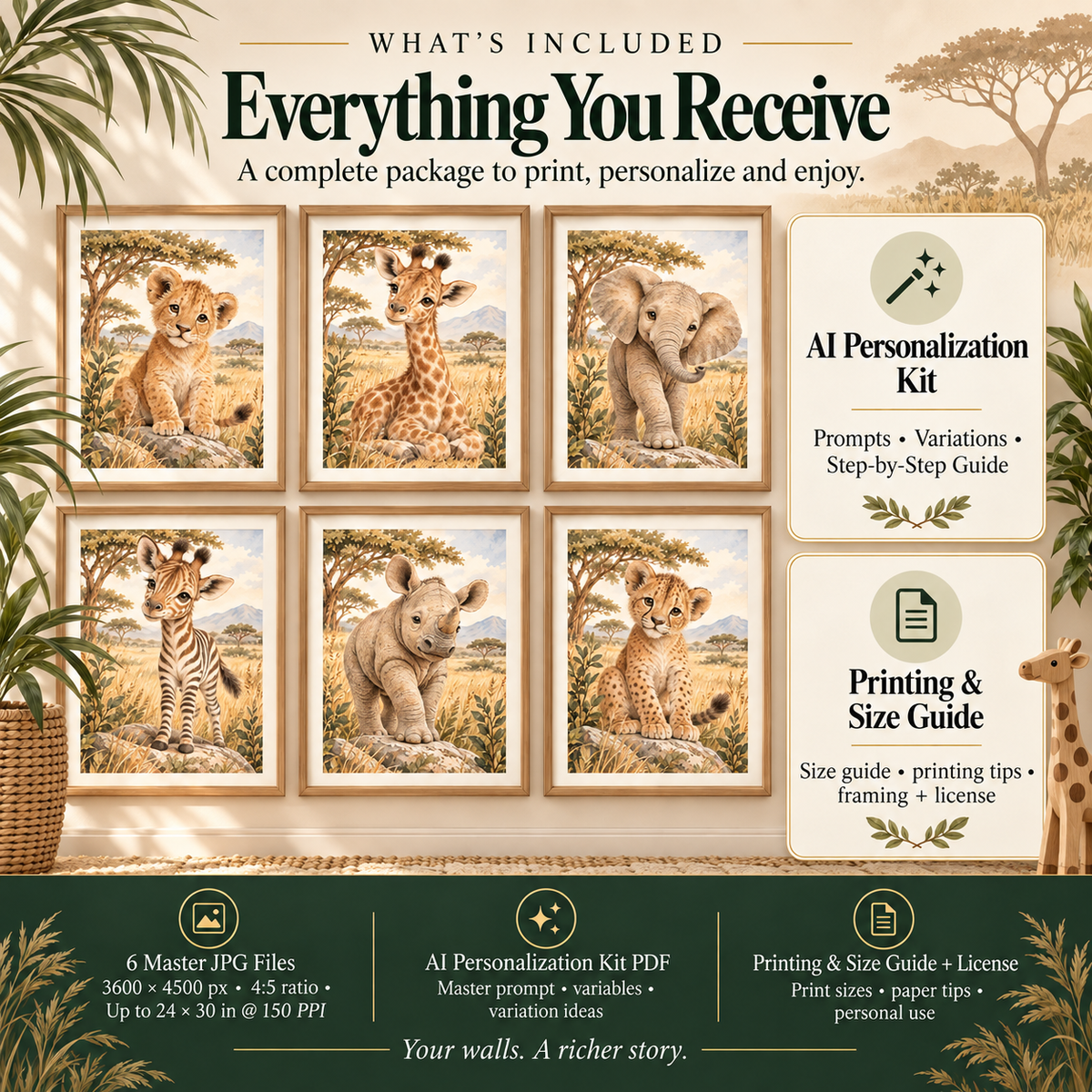 Safari nursery wall art files with six 3600 by 4500 px master JPG prints, AI Personalization Kit and printing guide