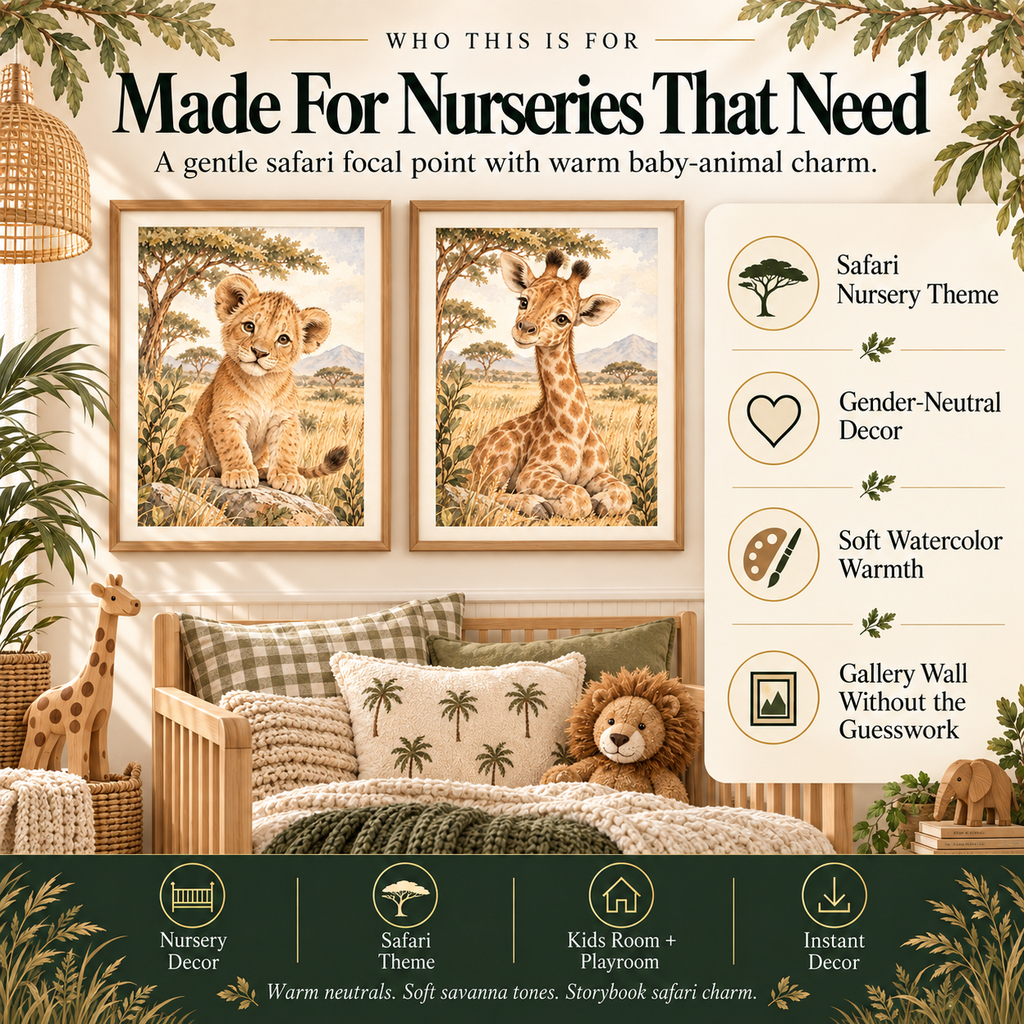 Safari nursery prints for neutral nurseries, toddler rooms, kids bedrooms and playrooms in soft watercolor style