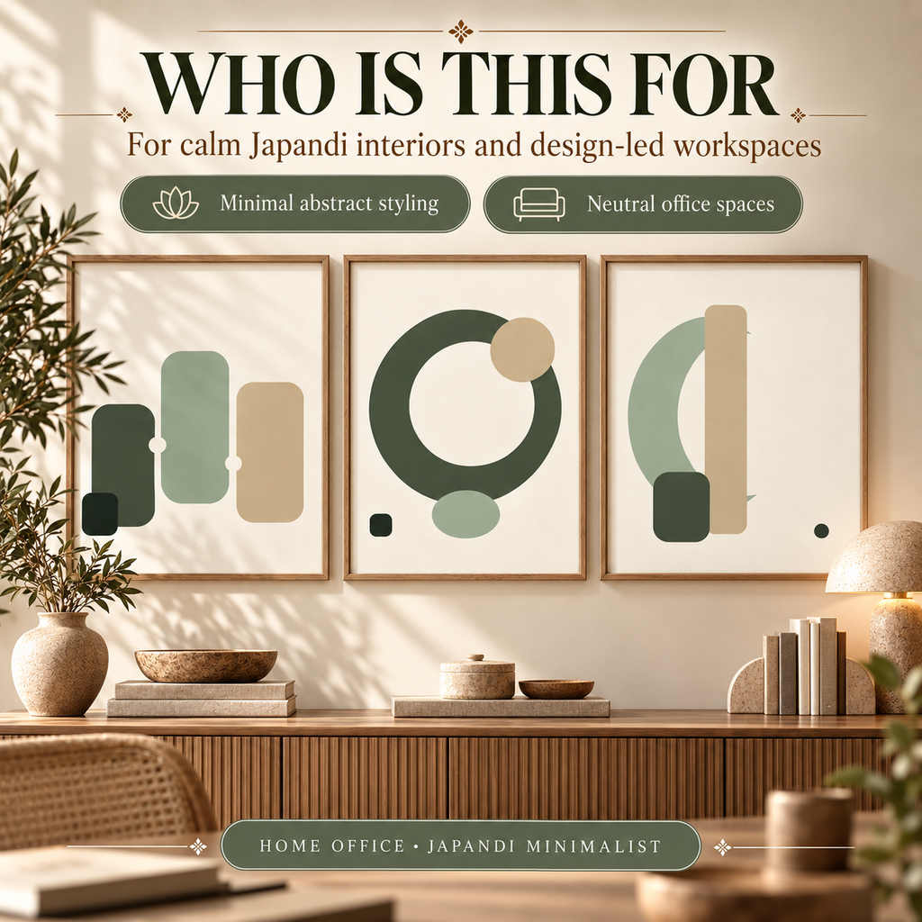 Sage Sculptural Japandi printable abstract wall art set of 3 displayed in a calm neutral Japandi home office with minimal styling and natural wood decor.