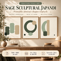 Sage Sculptural Japandi printable wall art set of 3 shown in a warm Japandi office, with 7200 × 9000 px, 24 × 30 in at 300 PPI and up to 40 × 50 in at 180 PPI print details.