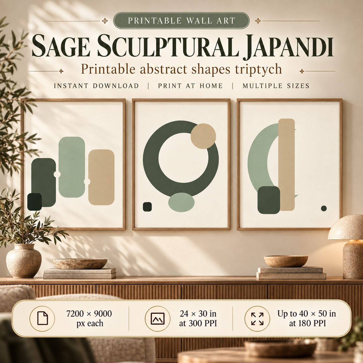 Sage Sculptural Japandi printable wall art set of 3 shown in a warm Japandi office, with 7200 × 9000 px, 24 × 30 in at 300 PPI and up to 40 × 50 in at 180 PPI print details.