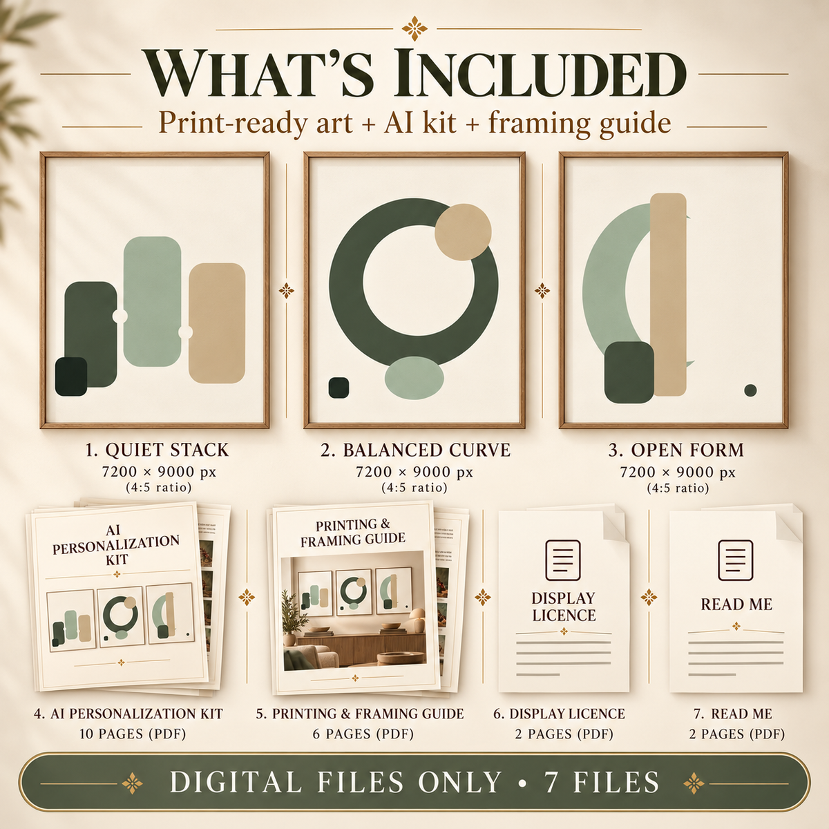 Sage Sculptural Japandi digital download contents with Quiet Stack, Balanced Curve and Open Form art files plus AI Personalization Kit, Printing and Framing Guide, Display Licence and Read Me.