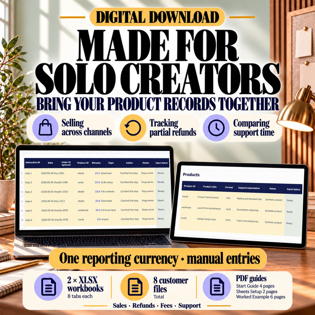 Sales and refund tracker for solo creators combining several selling channels and comparing support time by product.