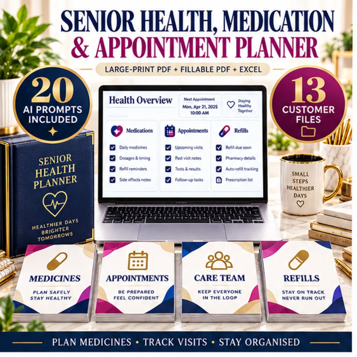 Senior Health Medication and Appointment Planner with large print PDF, fillable PDF, Excel dashboard and AI prompts
