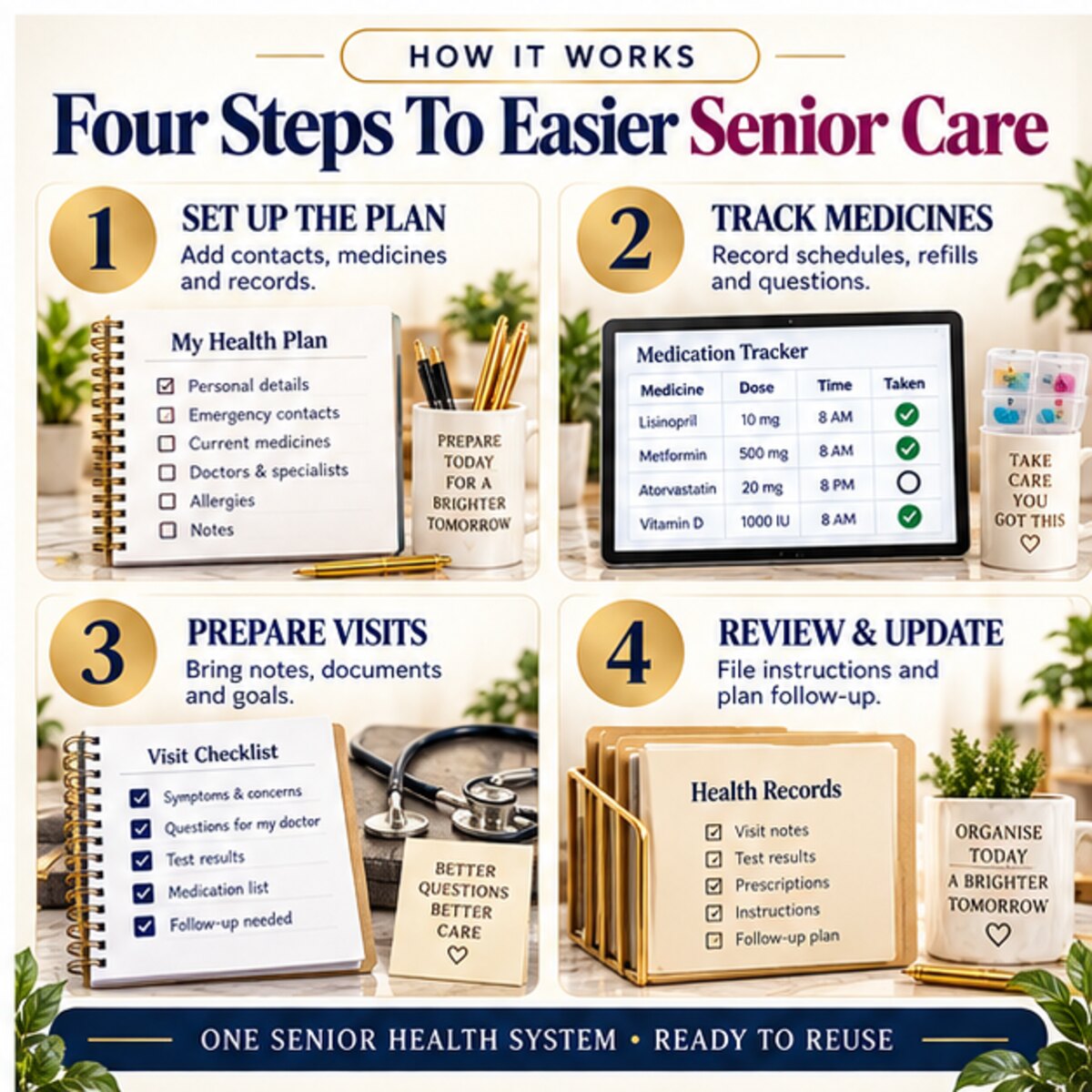 How the Senior Health Medication and Appointment Planner works in four steps setup track medicines prepare visits and update records