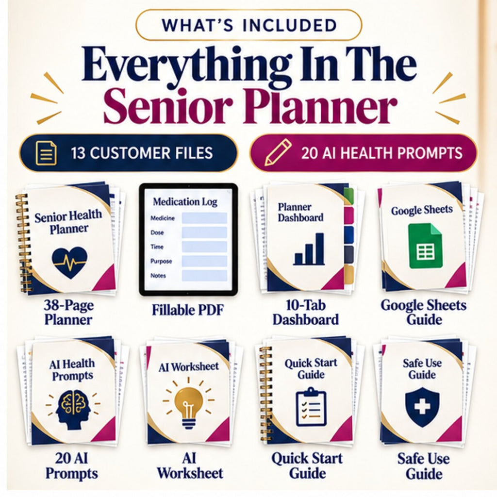 What is included in the Senior Health Medication and Appointment Planner bundle with 13 customer files and 20 AI prompts