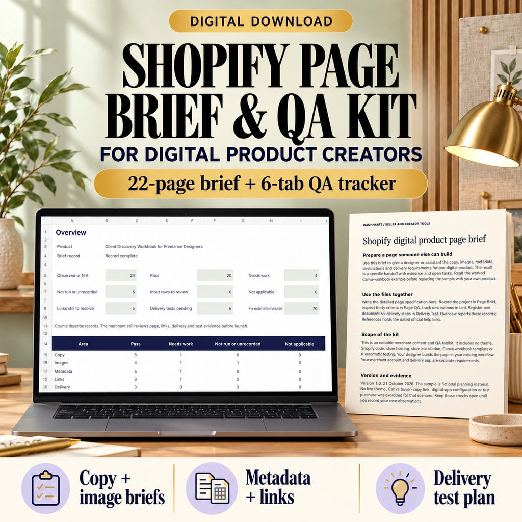 Shopify digital product page brief and QA kit with a 22-page editable brief and six-tab tracker in a sage workspace.