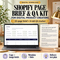 Shopify digital product page brief and QA kit with a 22-page editable brief and six-tab tracker in a sage workspace.