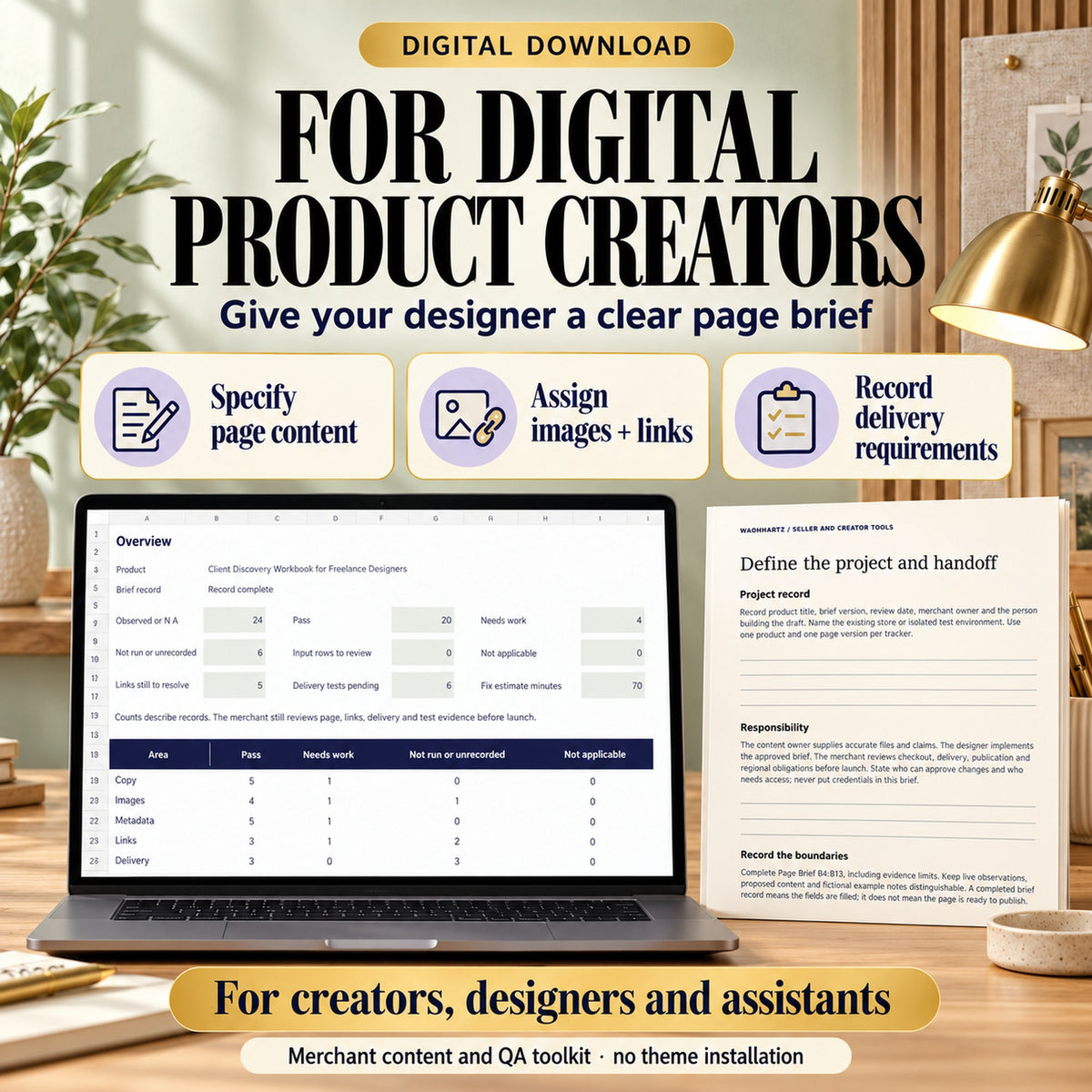 Page brief and QA toolkit for digital creators handing product copy, images, links and delivery requirements to a designer or assistant.