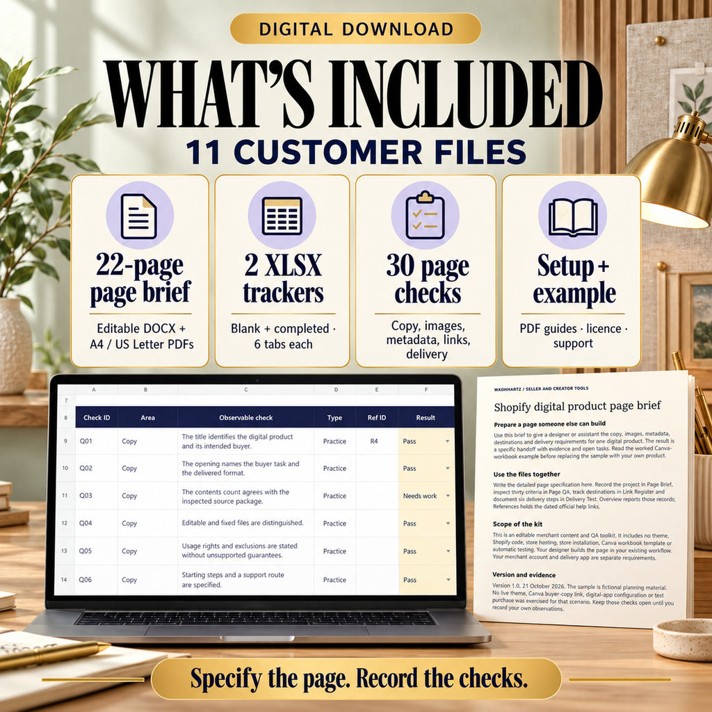 Eleven buyer files including an editable Shopify page brief, blank and completed QA trackers, print editions and setup guides.