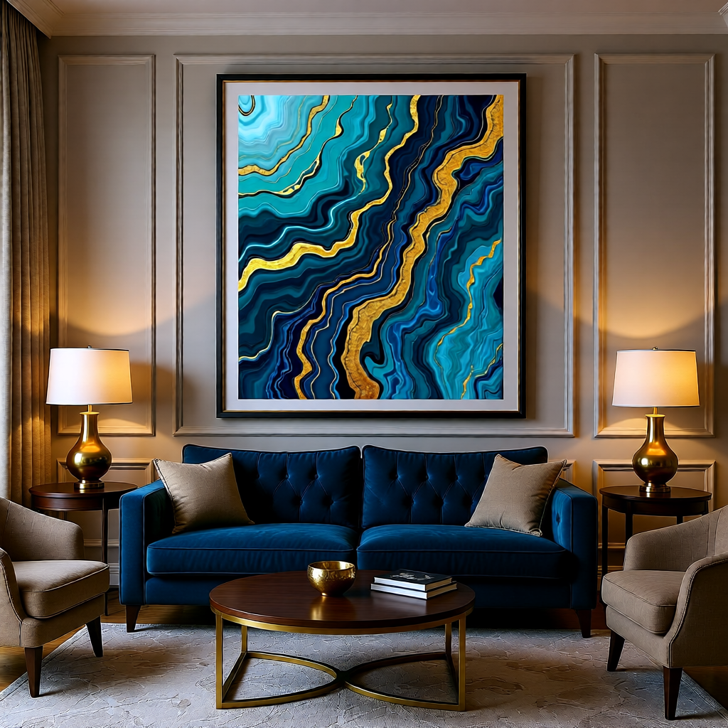 Ocean Fluid Pour Abstract Art Print — Teal Blue Gold — Instant Download — Printable Wall Art 8x10 A4 A3 — Bedroom Living Room Coastal Decor