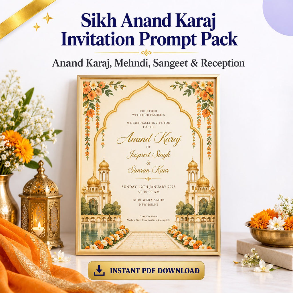 Sikh Anand Karaj Invitation Prompt Pack | Anand Karaj, Mehndi, Sangeet &amp; Reception | Instant Download PDF