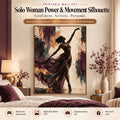 Woman silhouette wall art in a warm plum bedroom featuring a faceless female figure in expressive movement