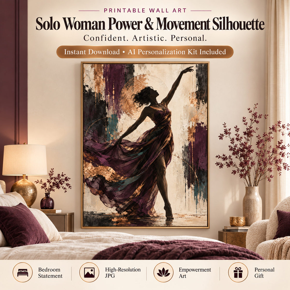 Woman silhouette wall art in a warm plum bedroom featuring a faceless female figure in expressive movement