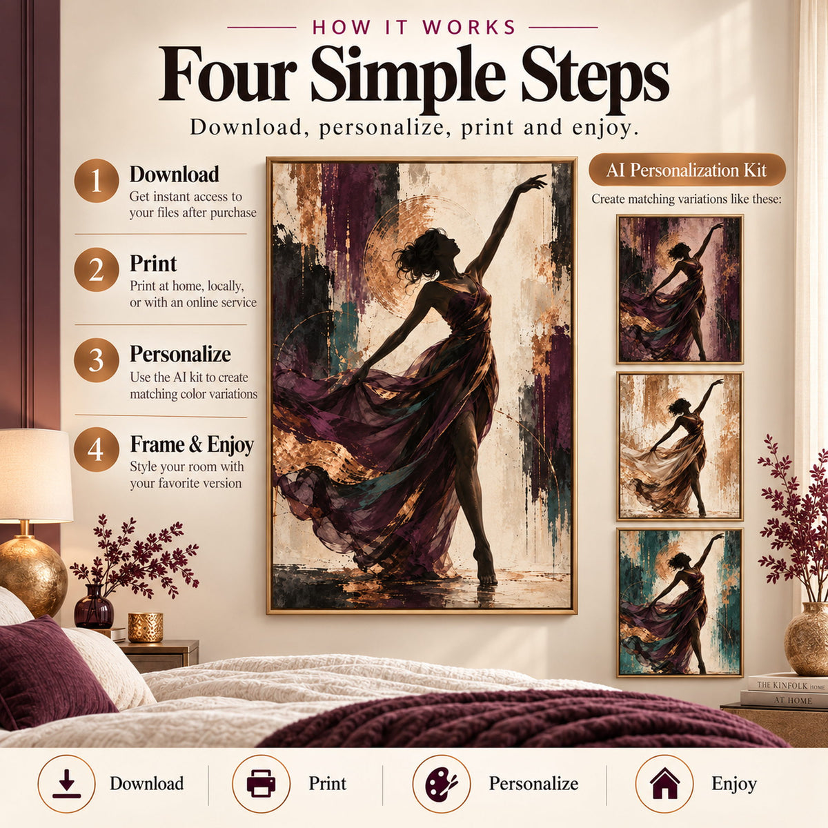 How to download, print, personalize and frame woman silhouette wall art with AI variation examples