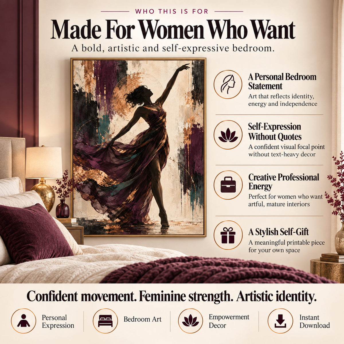 Feminine wall art for single women, self-gifting, creative professionals and personal bedroom styling