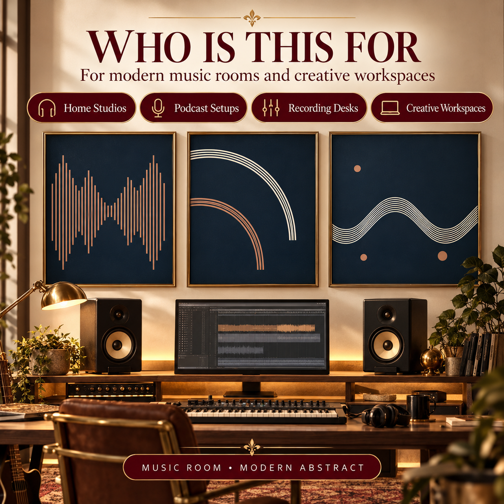 Soundform Studio printable wall art shown in a home studio or recording workspace for music producers, podcasters and creative workspaces.