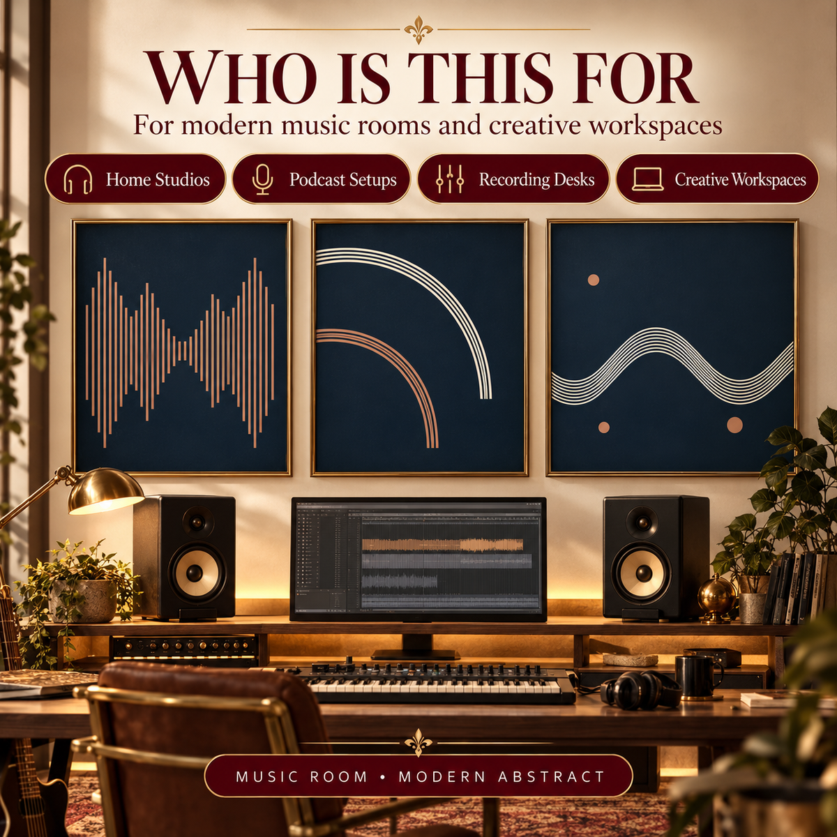 Soundform Studio printable wall art shown in a home studio or recording workspace for music producers, podcasters and creative workspaces.