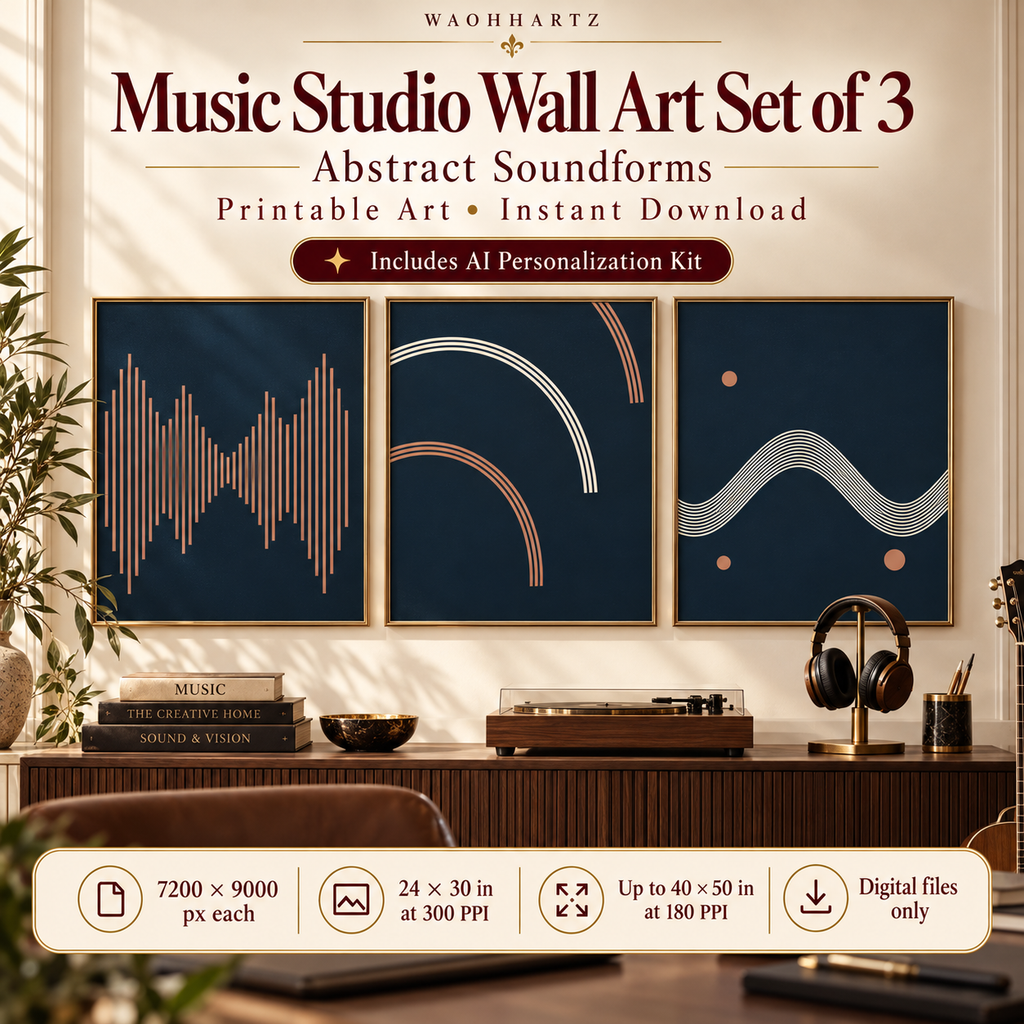 Soundform Studio printable wall art set of 3 displayed in a music studio, with 7200 by 9000 pixel artworks, 24 by 30 inches at 300 PPI and up to 40 by 50 inches at 180 PPI.