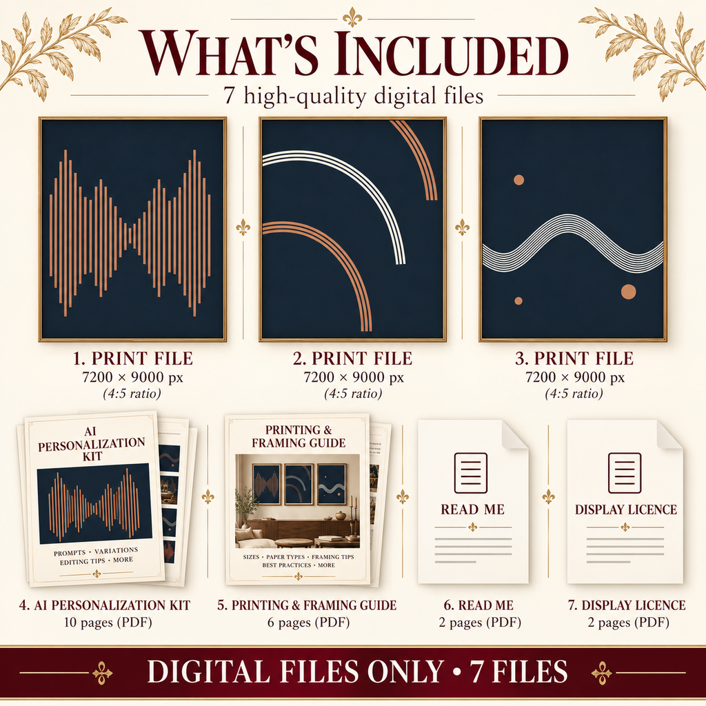 Soundform Studio digital download contents with three 4 to 5 artwork masters, AI Personalization Kit, Printing and Framing Guide, Read Me and Display Licence.