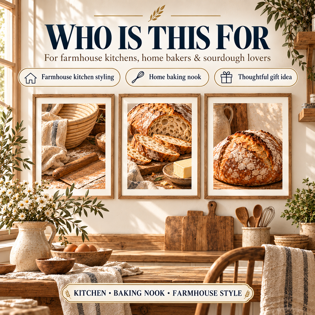 Sourdough Bakery printable bread wall art using the exact customer artworks, styled for farmhouse kitchens, home bakers and sourdough lovers.