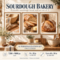 Sourdough Bakery printable sourdough bread wall art set of 3 using the exact customer artworks, styled in a warm farmhouse kitchen with AI Personalization Kit and 24 by 30 inch 300 PPI print specification.