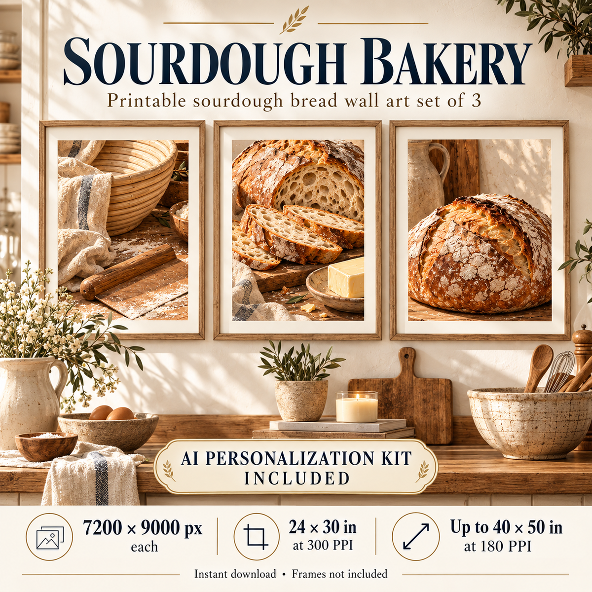 Sourdough Bakery printable sourdough bread wall art set of 3 using the exact customer artworks, styled in a warm farmhouse kitchen with AI Personalization Kit and 24 by 30 inch 300 PPI print specification.