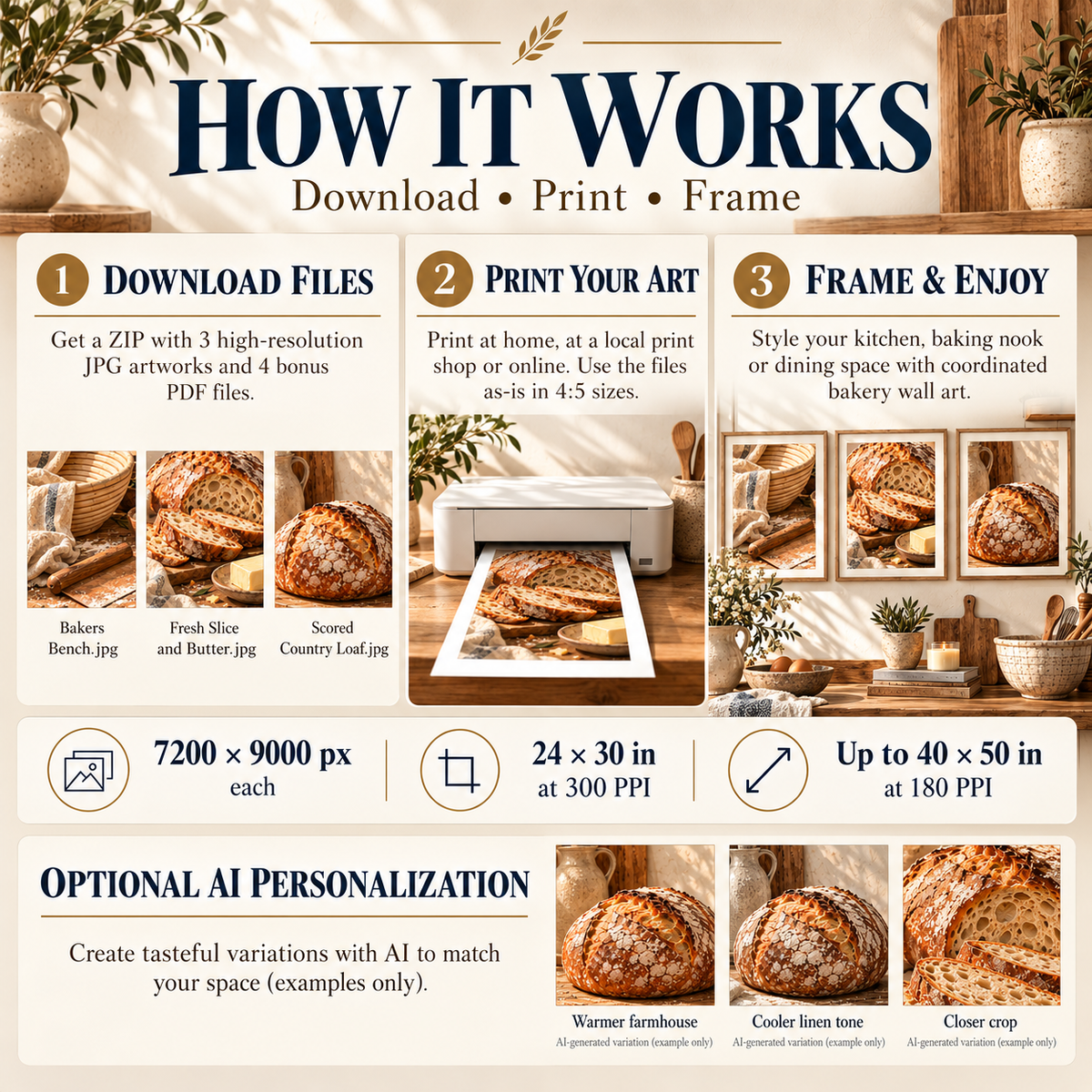 How Sourdough Bakery printable wall art works from ZIP download to printing and framing, with optional AI personalization use cases shown using the customer artworks.