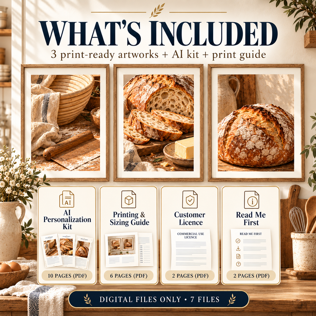 What is included with Sourdough Bakery printable wall art: the exact 3 customer artwork files, AI Personalization Kit, Printing and Sizing Guide, Customer Licence and Read Me First.