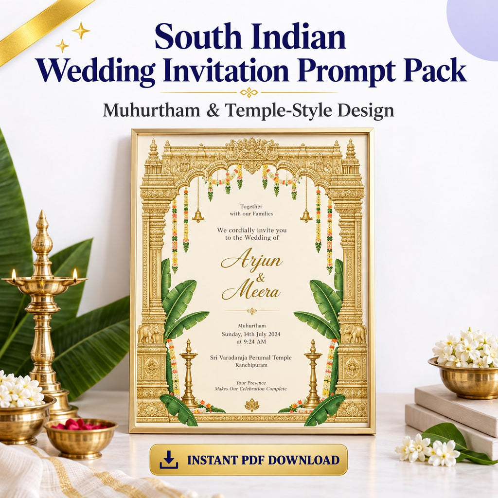 South Indian Wedding Invitation Prompt Pack | Muhurtham &amp; Temple-Style Design | Instant Download PDF