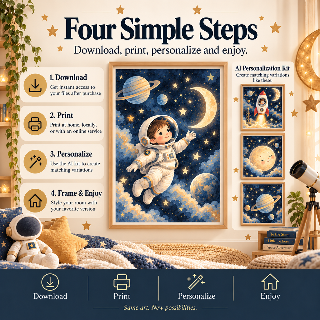 How to use space nursery wall art: download, print, personalize with the AI kit and frame