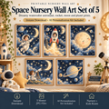 Space nursery wall art set of 5 with dreamy watercolor astronaut, rocket, moon, Saturn and telescope prints
