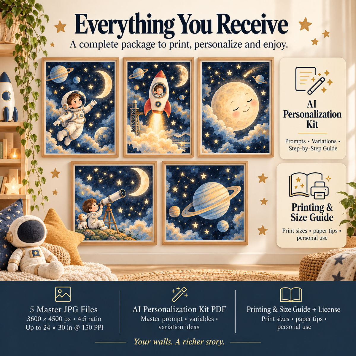 Space nursery wall art bundle with 5 master JPG files, AI Personalized Kit, printing and size guide and personal-use license