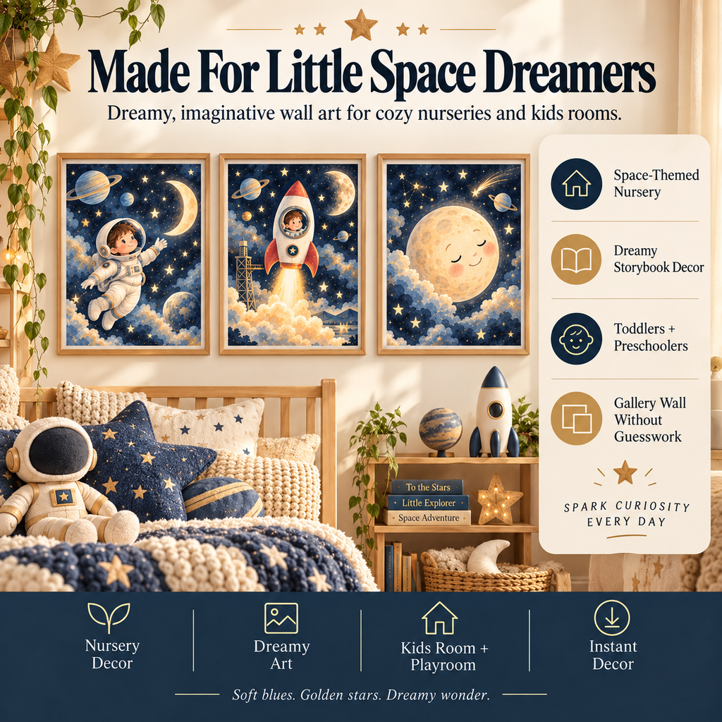 Space nursery wall art for little space dreamers, toddlers, preschoolers and kids rooms