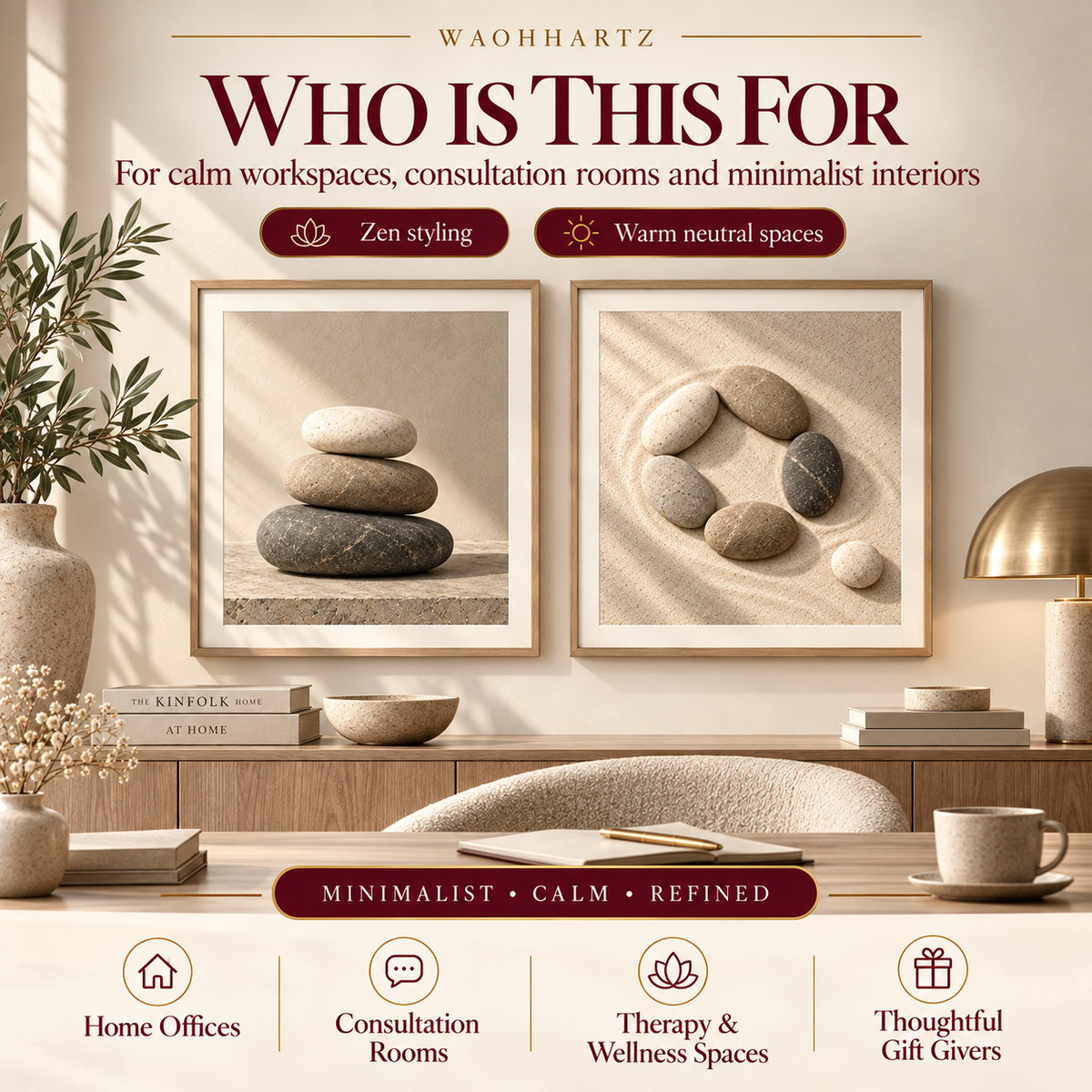 Stone Balance Pair printable wall art shown in a calm home office and consultation-room setting for minimalist workspaces and quiet interiors.
