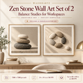 Stone Balance Pair printable zen stone wall art set of 2 displayed in a warm neutral workspace, with 7200 by 7200 pixel artwork files, 24 by 24 inches at 300 PPI and up to 40 by 40 inches at 180 PPI.