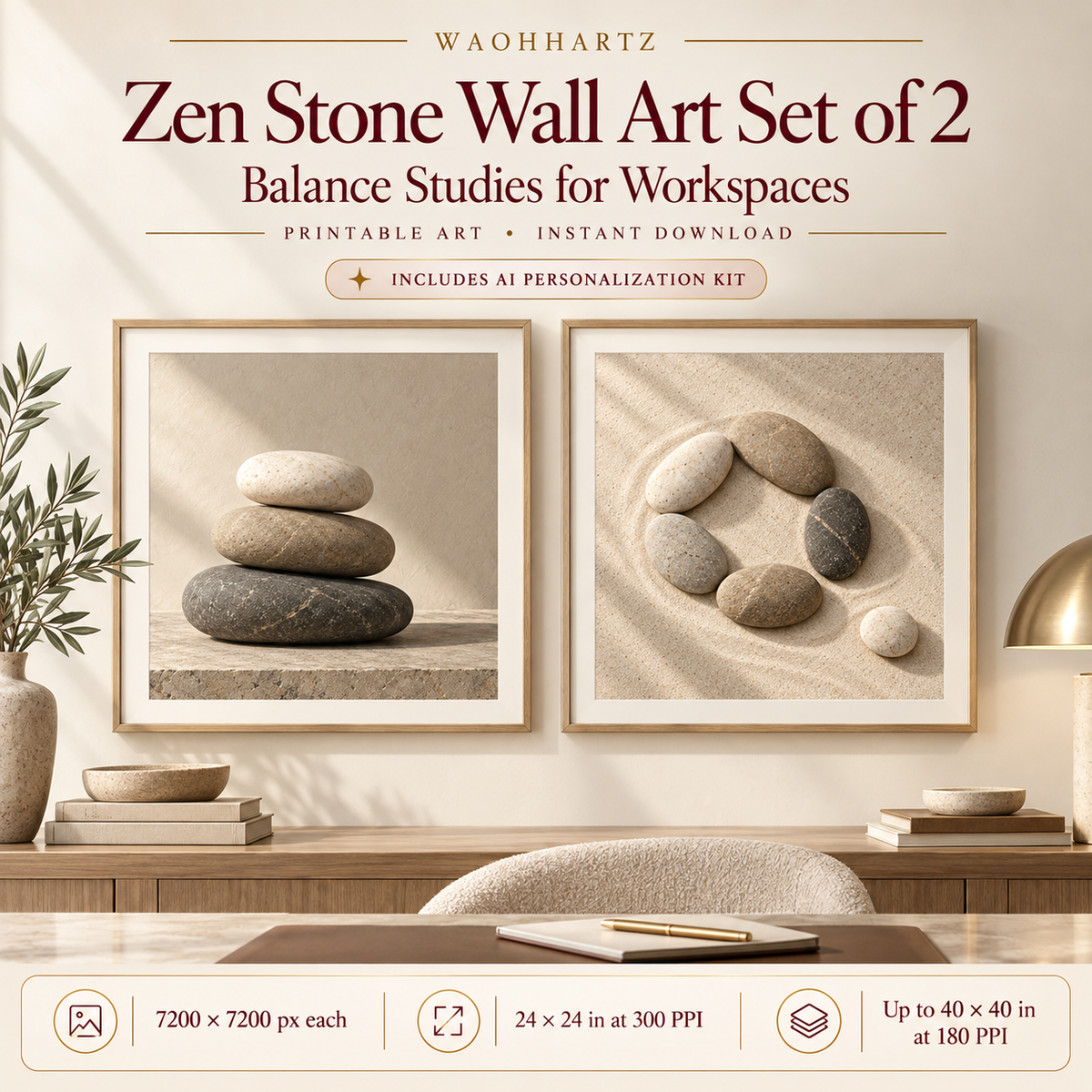 Stone Balance Pair printable zen stone wall art set of 2 displayed in a warm neutral workspace, with 7200 by 7200 pixel artwork files, 24 by 24 inches at 300 PPI and up to 40 by 40 inches at 180 PPI.