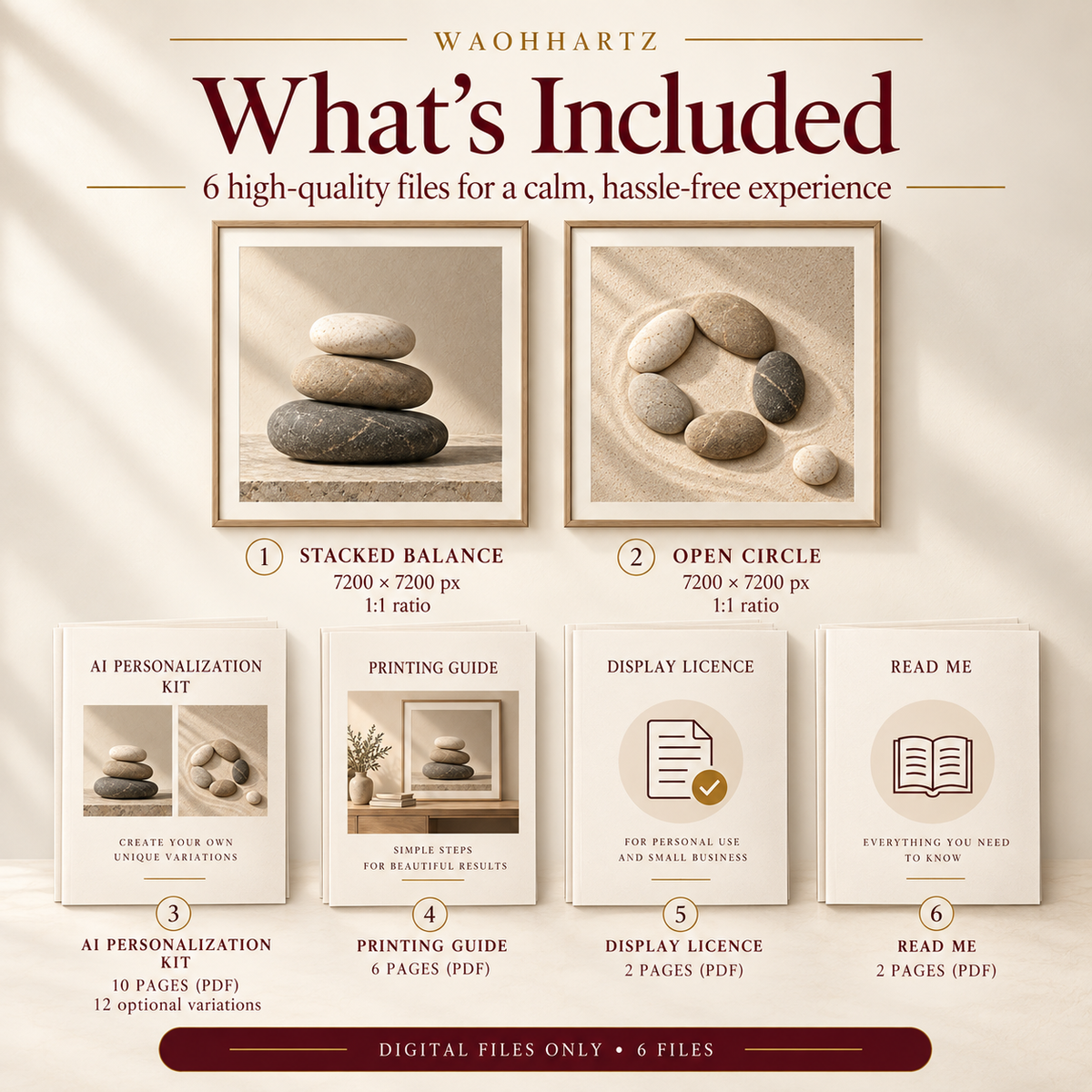 Stone Balance Pair digital download contents with two square artwork masters, AI Personalization Kit, Printing Guide, Display Licence and Read Me.
